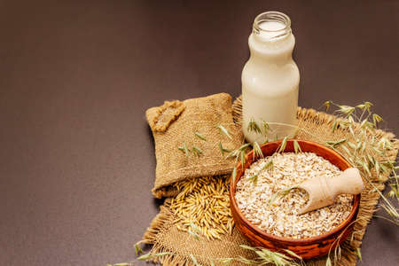 Vegan oat milk, non dairy alternative milk. Dry flakes in ceramic bowl, glass bottle, oats. Black...