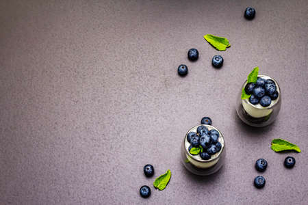 Yogurt with blueberries and chia seeds. Healthy and useful breakfast concept. Ripe berries, mint leaves, black stone concrete background, top viewの写真素材