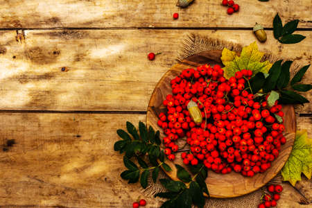 Ripe rowan berries and cherry plum fruits on round plate. Autumn good mood, old wooden boards background, top viewの写真素材