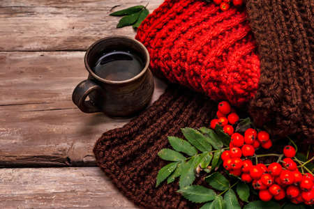 Autumn good mood concept. Warm knitted scarf, hot drink, ripe rowan berries. Wooden boards background, close upの写真素材