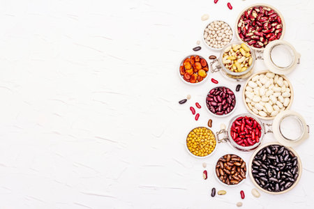 Assorted different types of beans. Set of various dry legumes, indispensable protein for a healthy...