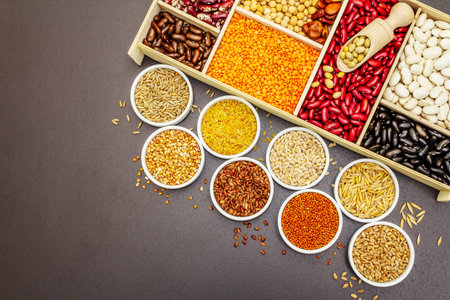 Assorted different types of beans and cereals grains. Set of indispensable sources of protein for a...