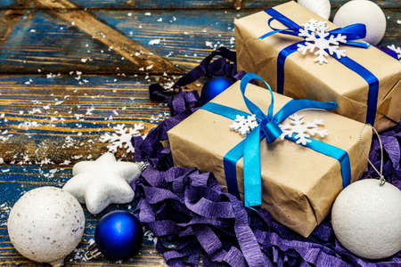 Zero waste Christmas or New Year gift concept. Festive balls and stars, snowflakes and presents....