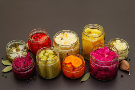 Assorted of fermented vegetables in glass jars. Preserved season vegetables concept, probiotics food for healthy lifestyle. Black stone concrete background, copy spaceの写真素材