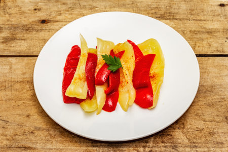 Homemade fermented assorted sweet pepper. Vegan healthy meal great for good digestion. Probiotics food concept, close upの写真素材
