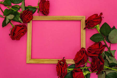 Valentine Day or Wedding concept with fresh burgundy roses and wooden frame. Matte pink background,...