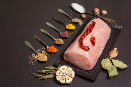 Raw pork loin and assorted spices. Fresh meat cut, aromatic powder in spoons. Black stone concrete background, copy spaceの写真素材