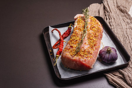 Raw pork loin. Fresh meat with garlic, rosemary, and chili pepper in baking pan. Black stone concrete backgroundの写真素材