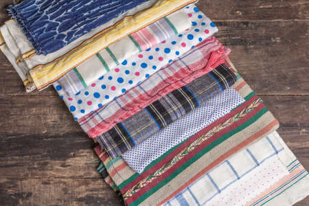 Collection of vintage pieces of fabric. Various types of multicolored textile, hobby, art or craft...