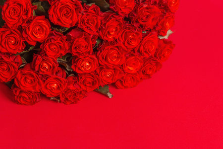 A lush bouquet of fresh red roses. Flower composition on bright red background. Festive card concept, a place for textの写真素材
