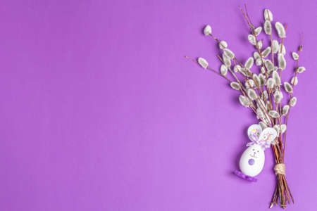 Sprig of willow isolated on pastel lilac background. Willow seals, fluffy buds, handmade funny bunny from the egg. Happy Easter conceptの写真素材