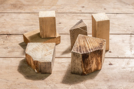 Modern set of wooden Stand Podiums on old wooden boards background. Empty Pedestal concept, trendy...