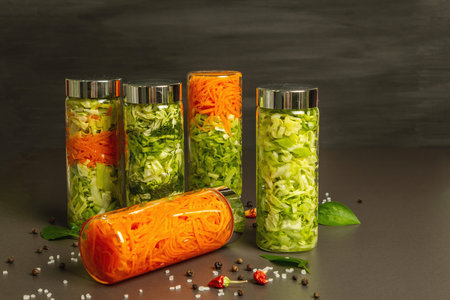 Delicious jar salad with cabbage, carrot, dill, and spices. Healthy vegan (vegetarian) food, fresh...