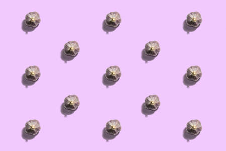 The whole unpeeled garlic head pattern on lilac background. A trendy hard light, dark shadow, flat lay, mockup, templateの写真素材