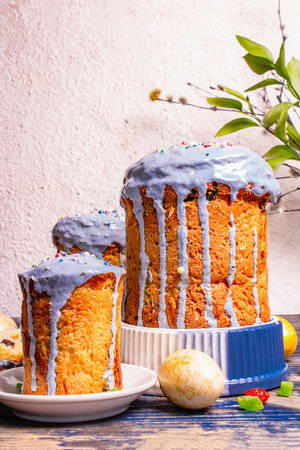 Easter cake with blue icing, topping, edible beads. Natural healthy ingredients, golden eggs,...