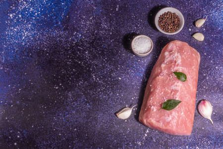 Raw pork loin with spices, sea salt, leaves. Fresh meat, modern hard light, dark shadow. Cosmic stone concrete background, top viewの写真素材