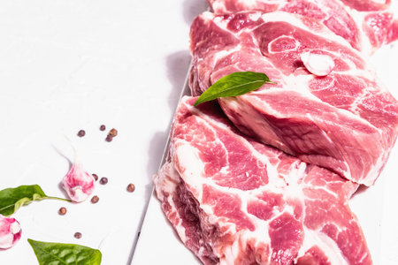Raw pork meat, sliced cuts. Fresh meat, dry sumac, garlic and basil leaves. Healthy cooking food concept, trendy hard light, dark shadow. White putty background, place for textの写真素材