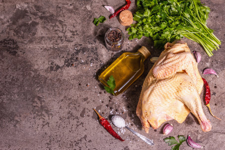 Raw whole chicken carcass for healthy food lifestyle. Free-range farm bird with parsley greens, garlic cloves, spices, and cooking oil. A trendy hard light, dark shadow, stone background, top viewの写真素材