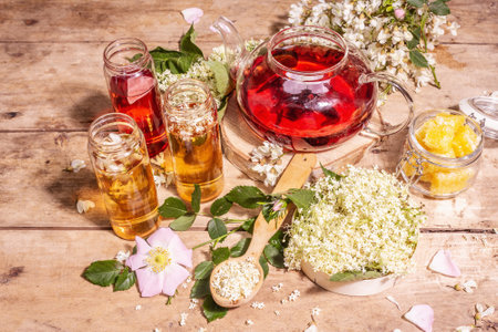 Assorted tea made from flowers. Fresh elderberry, rose hip, and acacia. Healthy food concept. Old wooden boards background, copy spaceの写真素材