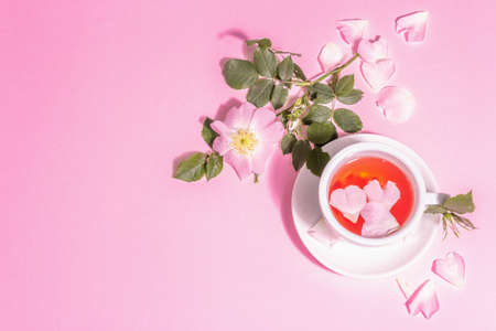 Tea from rose hips flowers. Summer vitamin drink, hard light, dark shadow. Pink pastel background, top viewの写真素材
