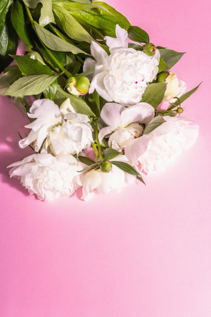Bouquet of fresh white peonies. Summer delicate flowers, romantic gift concept. Floral arrangement, trendy hard light, dark shadows. Black stone concrete background, place for textの写真素材