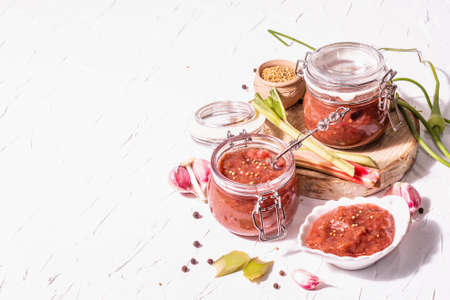 Chutney from rhubarb. Set of ingredients and spices for cooking. White putty background, copy spaceの写真素材