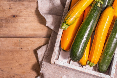 Assorted fresh zucchini. Ripe vegetables harvest in a wooden box. Vintage boards table, top view