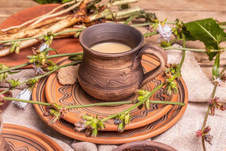 Hot natural chicory caffeine free drink in ceramic cups on a wooden table. Healthy alternative replacement for coffee, caffeine. Blue chicory flowers, fresh roots, close upの写真素材