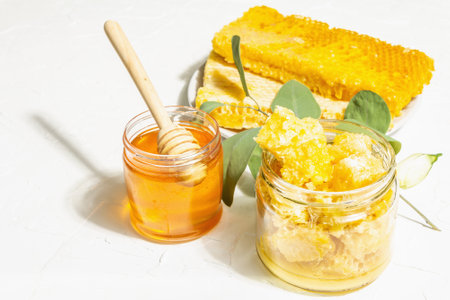 Honeycomb, honey, and beeswax. Natural organic beekeeping products for a healthy and beautiful...
