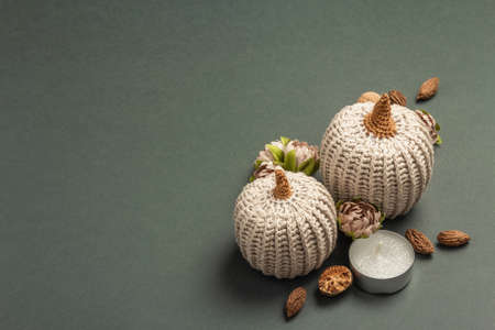 Autumn composition with crocheted pumpkins, candles, spices, and traditional decor. A trendy dark gray background, place for textの写真素材