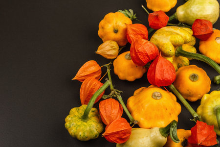 Harvest of various ripe pumpkins, hop cones, and orange physalis. Colorful festive background, Thanksgiving Day or Halloween. Black stone concrete background, copy spaceの写真素材