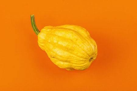 Ripe yellow pumpkin isolated on bright orange background. Whole squash, traditional festive...
