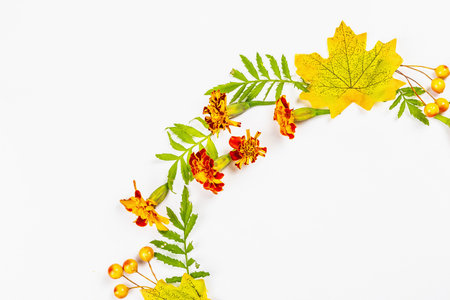 Autumn frame composition, isolated on a white background. A wreath from decorative fall leaves,...