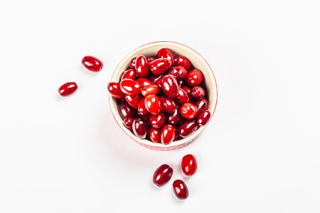Dogwood berry isolated on a white background. Ripe red Cornus in a bowl, flat lay, template, mockupの写真素材