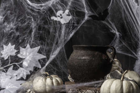 Halloween holiday. Festive composition with witch's pot, pumpkins, bat, ghost, spiders, and cobwebs. Light smoke, black-white tones, festive spiritの写真素材