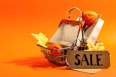 Black Friday Sale concept. Shopping basket, handmade tags, paper bags, fall maple leaves, and physalis. Orange background, trendy hard light, dark shadow, copy spaceの写真素材