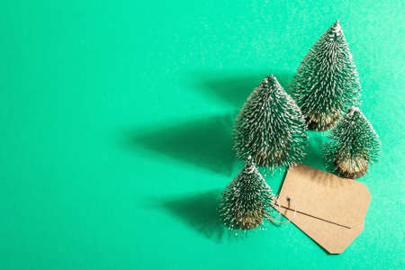 Christmas Sale concept on turquoise background. Decorative fir tree and paper tag.Traditional New Year symbol. A trendy hard light, dark shadow. Flat lay, mockup, template, top viewの写真素材