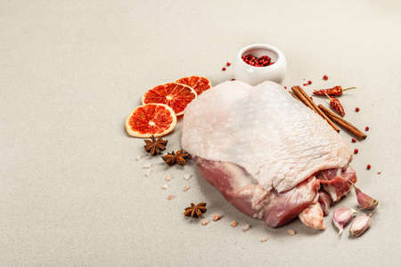Piece of raw turkey meat with spices. A useful ingredient for preparing healthy food, spices, garlic. Stone concrete background, copy spaceの写真素材