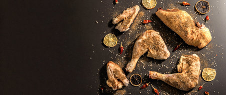 Raw chicken thighs with spices. A useful ingredient for preparing healthy food. Black stone background, trendy hard light, dark shadow, bannerの写真素材