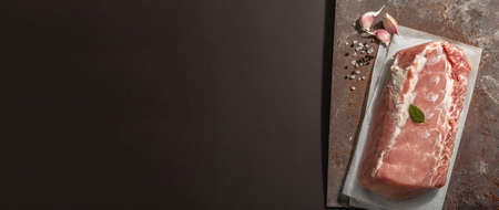 Raw pork loin with spices. Large piece of meat on rusty metal stand, black stone concrete background. Trendy hard light, dark shadow, banner formatの写真素材