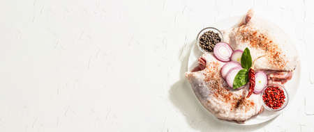 Raw turkey meat with spices and herbs. Fresh ingredient for cooking healthy food. Hard light, dark shadow. White putty backgroundの写真素材