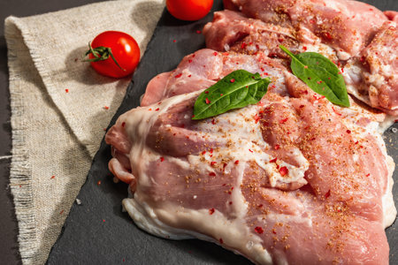 Raw turkey thigh with spices. Fresh boneless meat on a ceramic stand. Modern hard light, dark shadow. Black stone concrete background, close upの写真素材