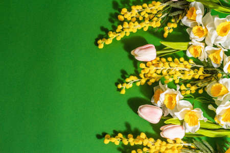 Festive floral background with traditional spring flowers on a green background. Mothers and Women...