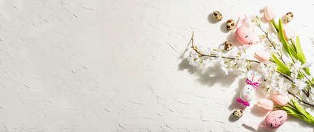 Happy Easter background with blooming cherry, tulips and cute rabbit. Spring flat festive lay, traditional symbols, hard light dark shadow, white putty background, bannerの写真素材