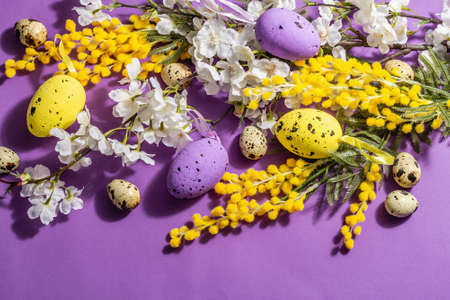 Spring composition with flowers, pastel eggs on purple very peri background. Hard light, dark...