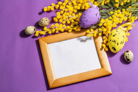 Spring composition with flowers, pastel eggs on purple very peri background. Hard light, dark...
