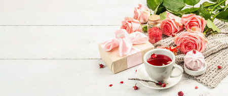 The concept of romantic tea. Wrapped gift, hibiscus tea, a bouquet of delicate roses, sweets, festive decor. Valentine's Day concept, Women's Day March 8, Wedding. White board background, bannerの写真素材