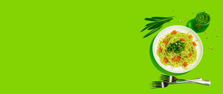 Pasta with salmon, wild leek pesto and parmesan. Fresh spaghetti and greens. Healthy vegan food, trendy hard light, dark shadow. Bright green background, banner formatの写真素材