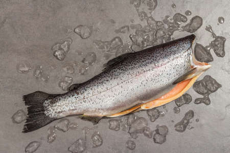 Raw trout carcass with ice on a gray stone concrete background. Sea fish, healthy food, trendy hard light, dark shadow, top viewの写真素材