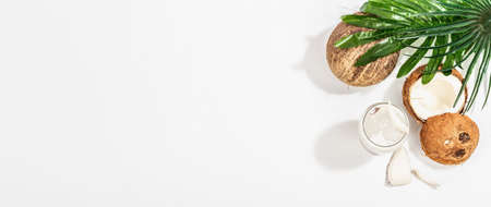 Refreshing summer Coconut martini. Non-alcoholic Margarita cocktail, trendy hard light, dark shadow.White background, banner formatの写真素材